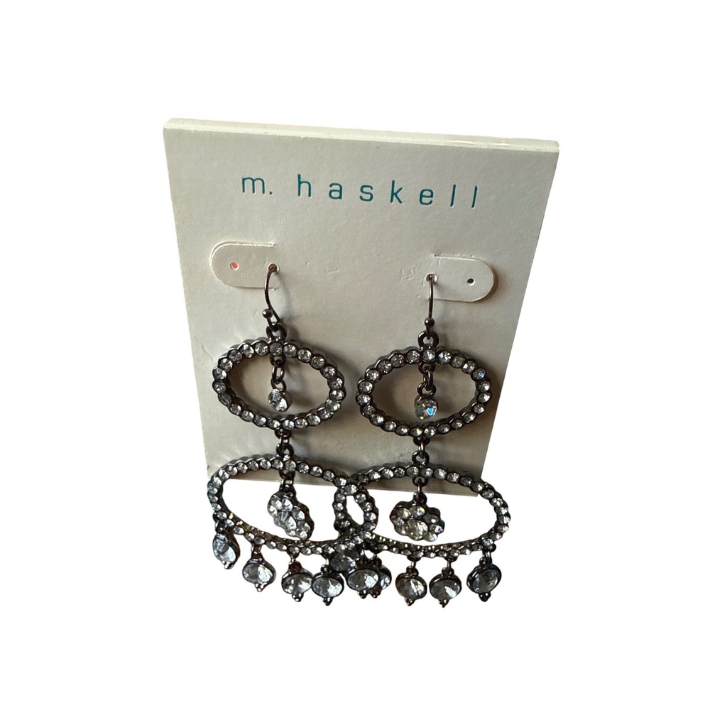 M. Haskell Gunmetal Crystal Chandelier Drop Earrings Floral Tiered Statement - Picture 4 of 4